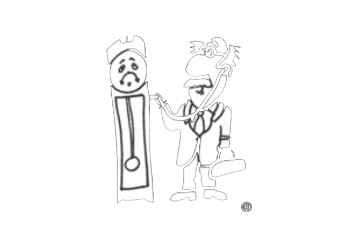 Cartoon doctor examining sad grandfather clock